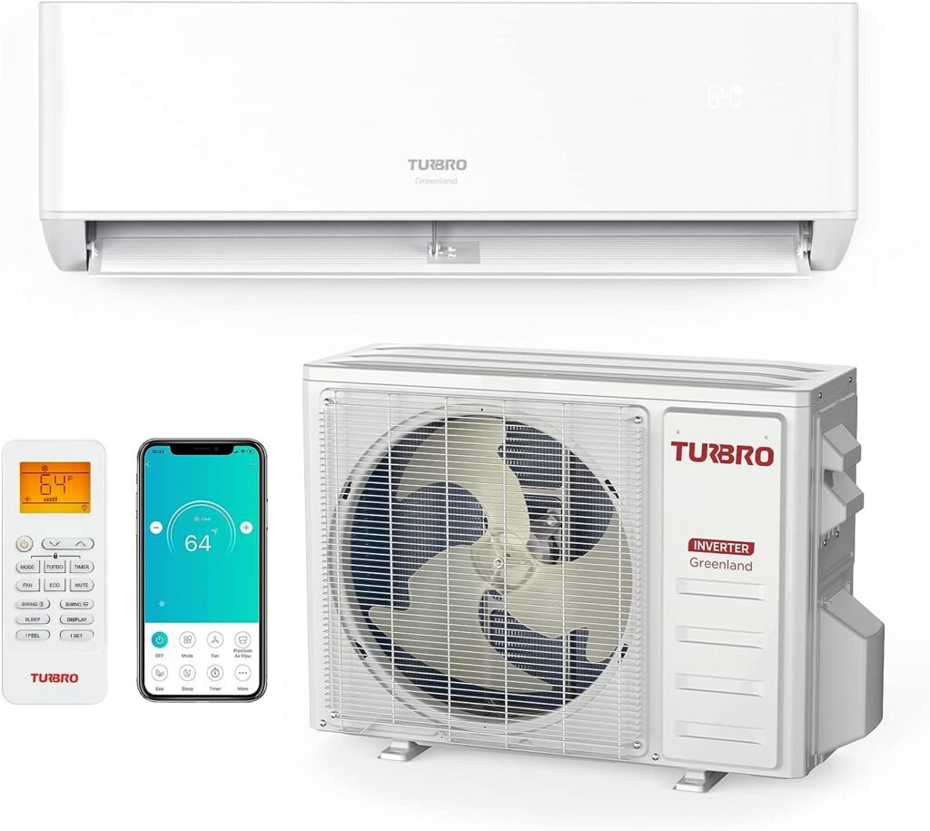 TURBRO 12,000 BTU Ductless Mini Split Inverter AC with Heat Pump, 23 SEER2, 230V, WiFi-Enabled, Cools up to 750 Sq.Ft, Energy Star, Greenland Series