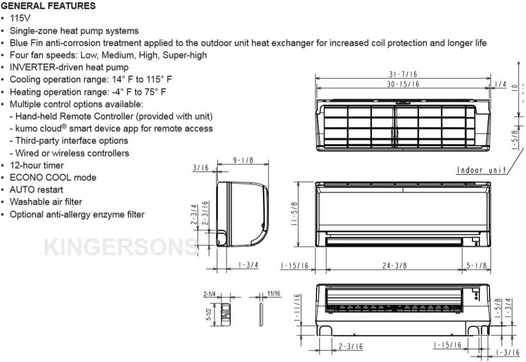 Mitsubishi 12,000 BTU 1 Ton Cooling Heating - Ductless Mini Split Wall Mounted Air Conditioning System 115V - 17 SEER